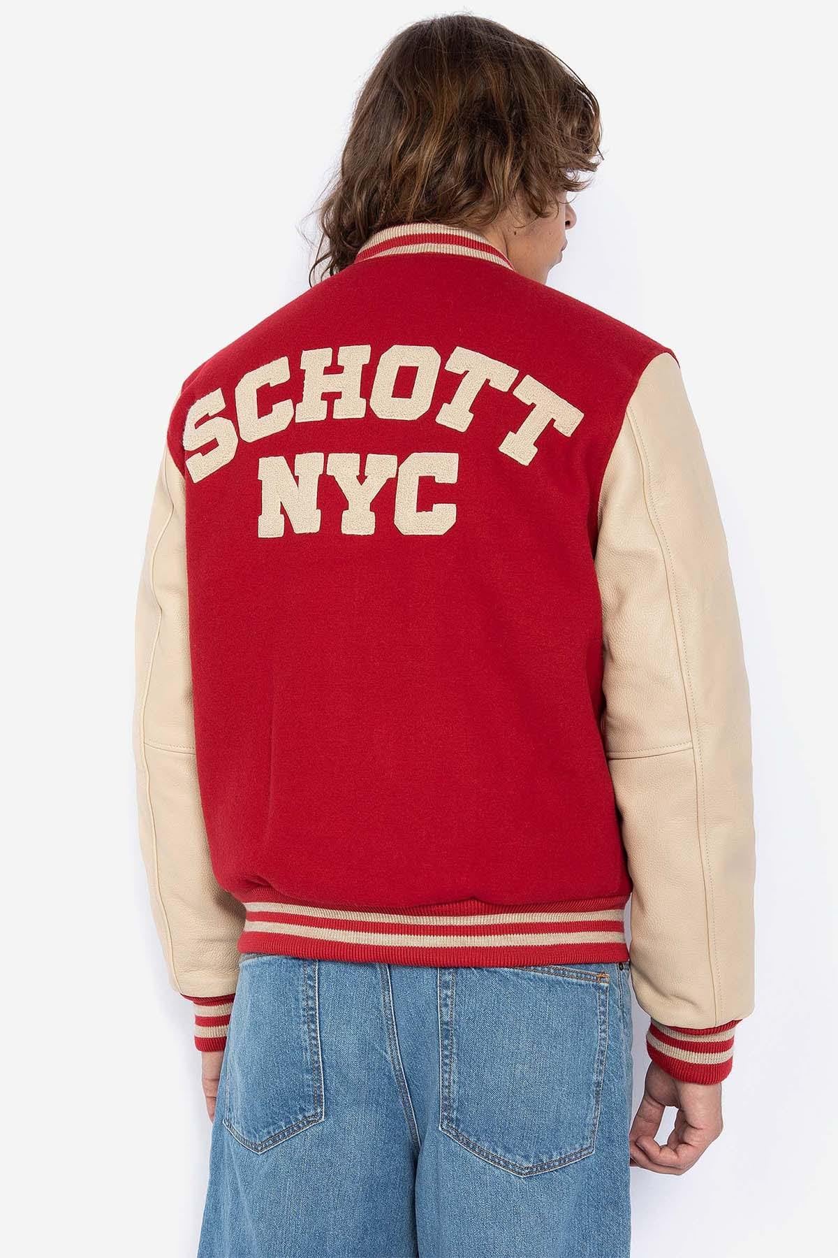 Schott NYC's varsity jacket: red wool and beige vachetta leather. - Image n°3