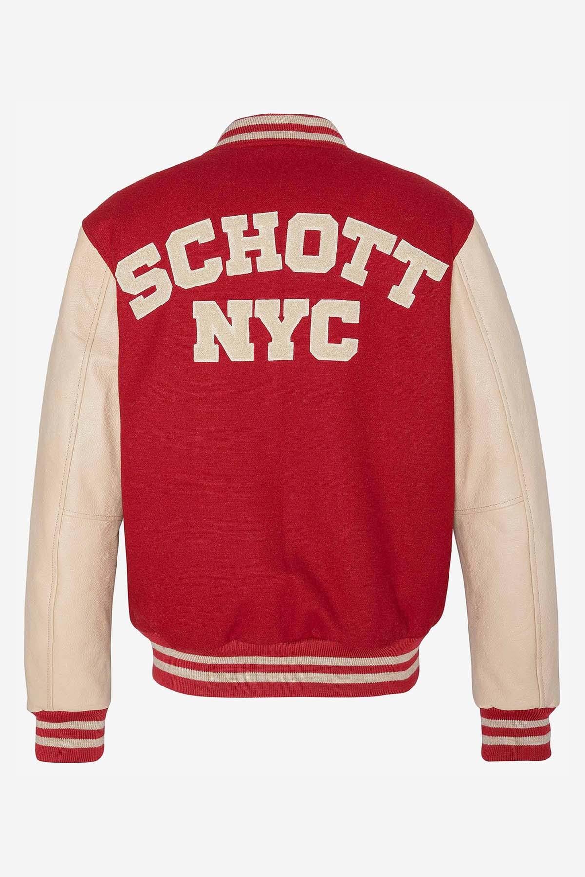 Schott NYC's varsity jacket: red wool and beige vachetta leather. - Image n°6