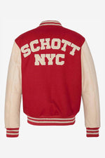 Schott NYC's varsity jacket: red wool and beige vachetta leather. - Image n°6