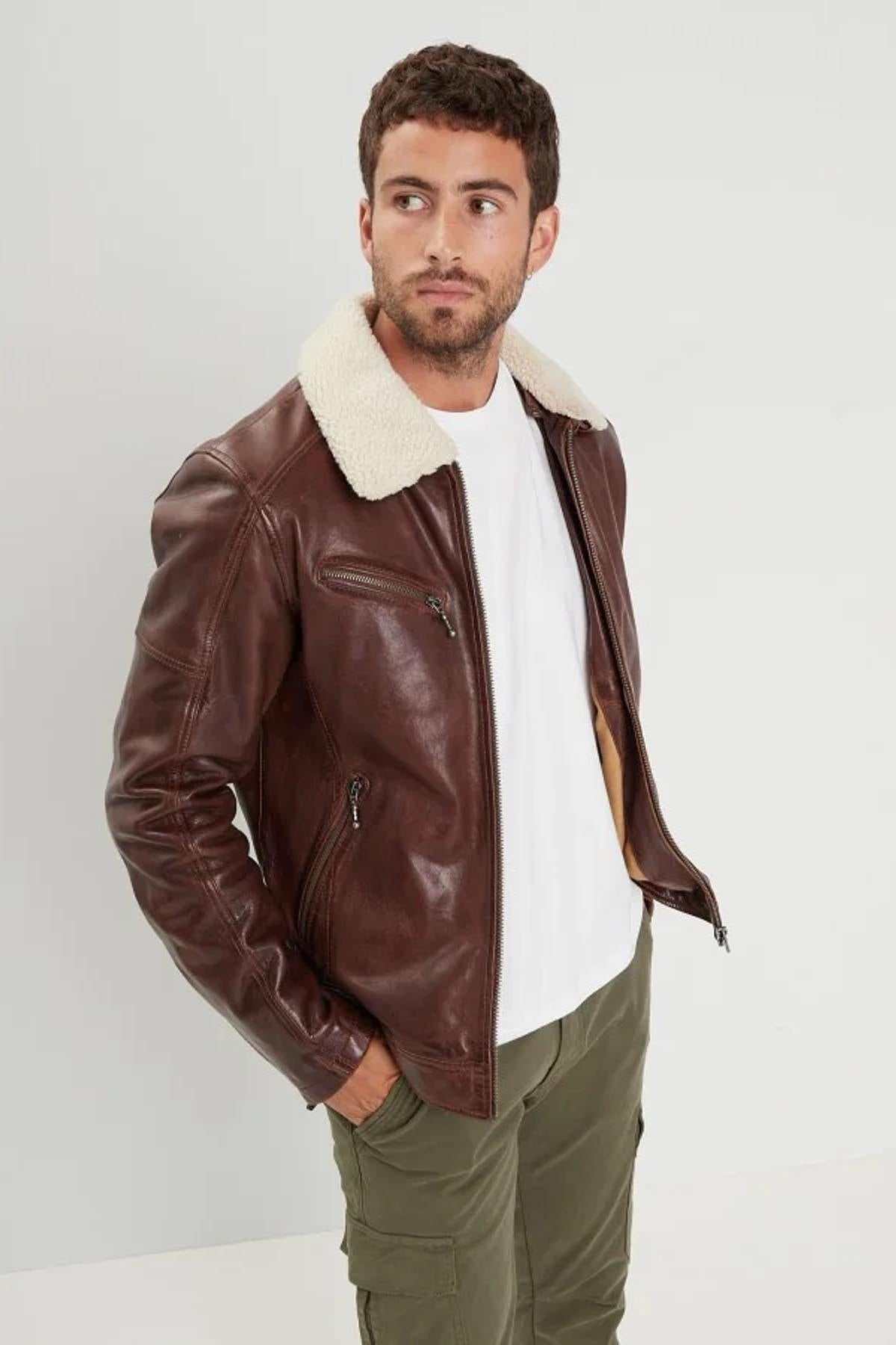 Brown washed lamb leather jacket with sherpa collar - Image n°1
