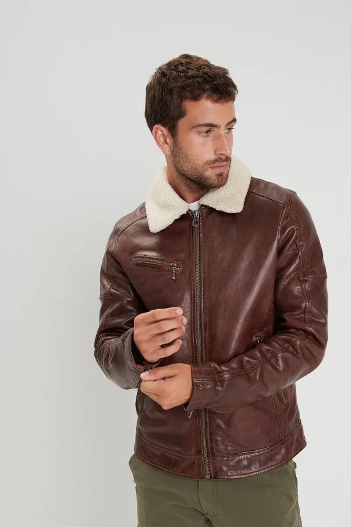 Brown washed lamb leather jacket with sherpa collar - Image n°3