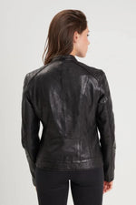 Black lambskin leather biker collar jacket - Image n°3