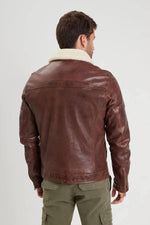 Brown washed lamb leather jacket with sherpa collar - Image n°4