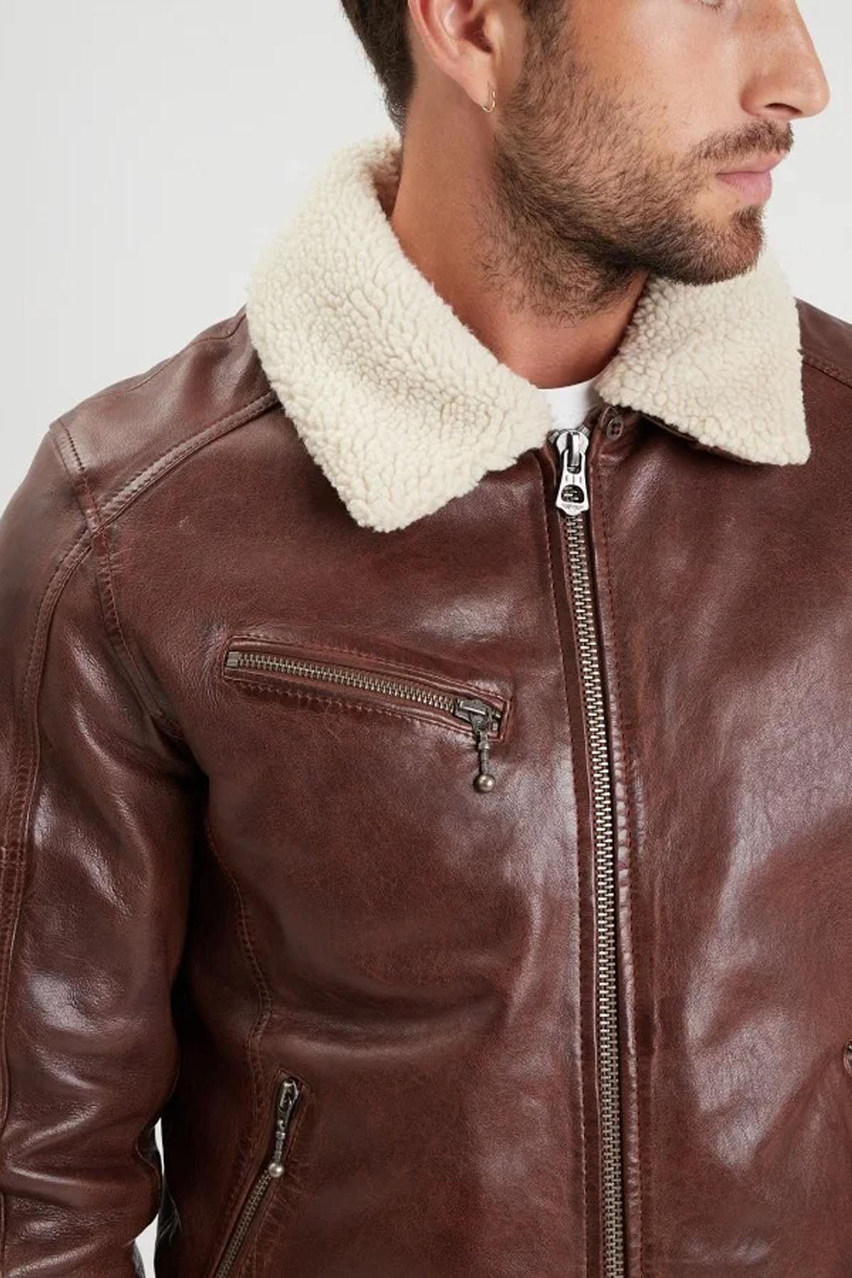 Brown washed lamb leather jacket with sherpa collar - Image n°5