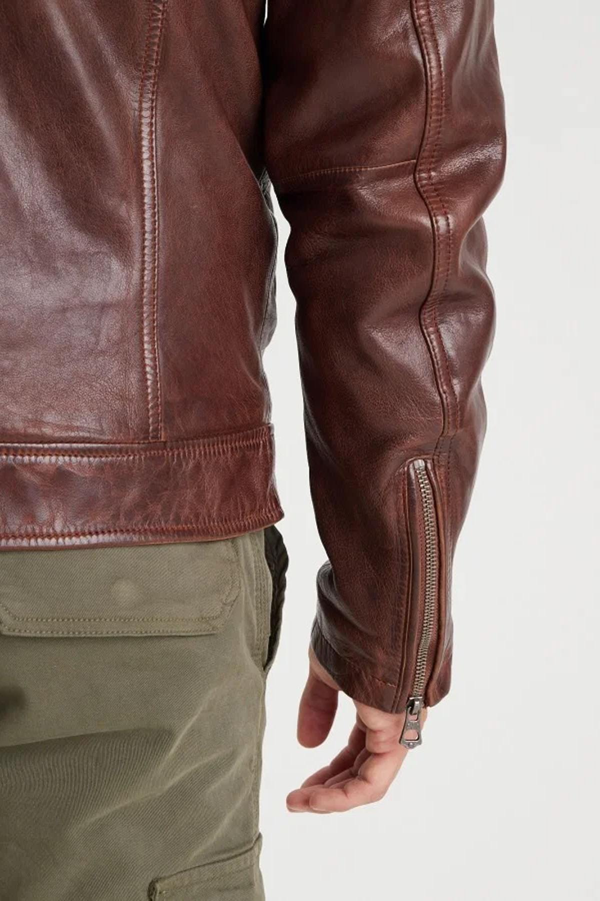 Dark cognac lambskin jacket with removable vegan sherpa collar. - Image n°6
