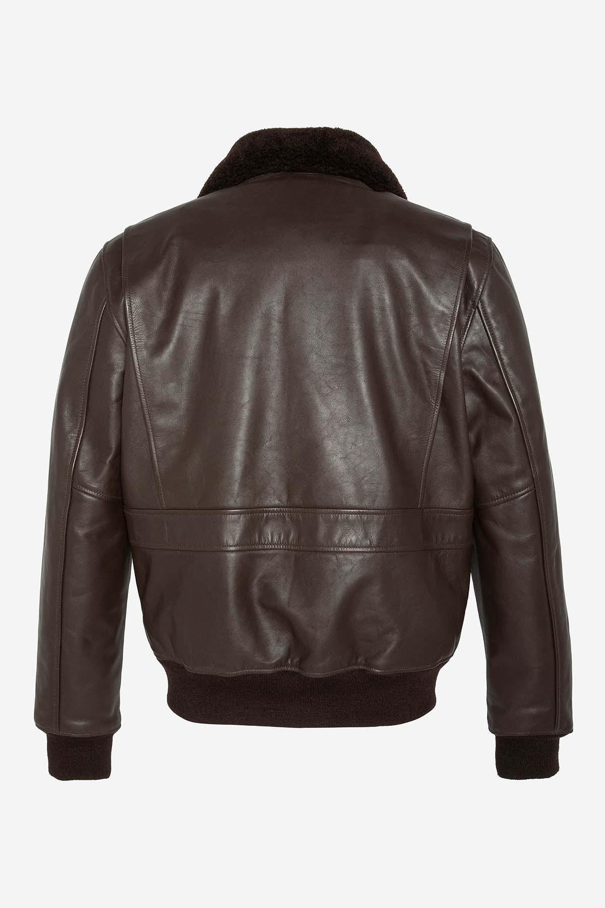 Brown cowhide aviator jacket by Schott. Detachable shearling collar. - Image n°7