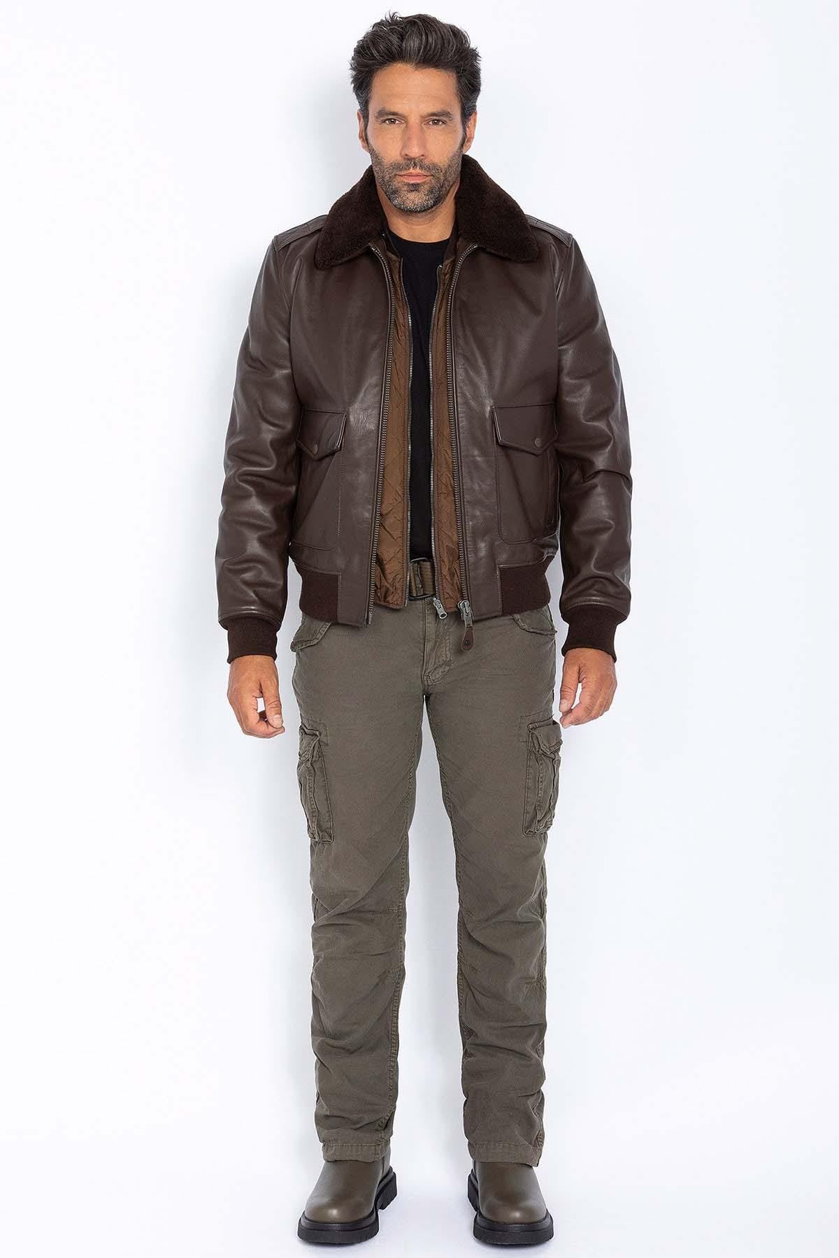 Brown cowhide aviator jacket by Schott. Detachable shearling collar. - Image n°3
