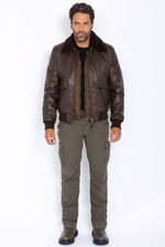 Brown cowhide aviator jacket by Schott. Detachable shearling collar. - Image n°3