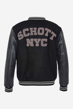 Schott's black varsity: wool body, cowhide sleeves, ribbed trims. - Image n°1