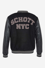 Schott's black varsity: wool body, cowhide sleeves, ribbed trims. - Image n°1