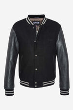 Schott's black varsity: wool body, cowhide sleeves, ribbed trims. - Image n°2