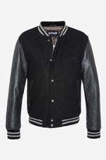 Schott's black varsity: wool body, cowhide sleeves, ribbed trims. - Image n°2