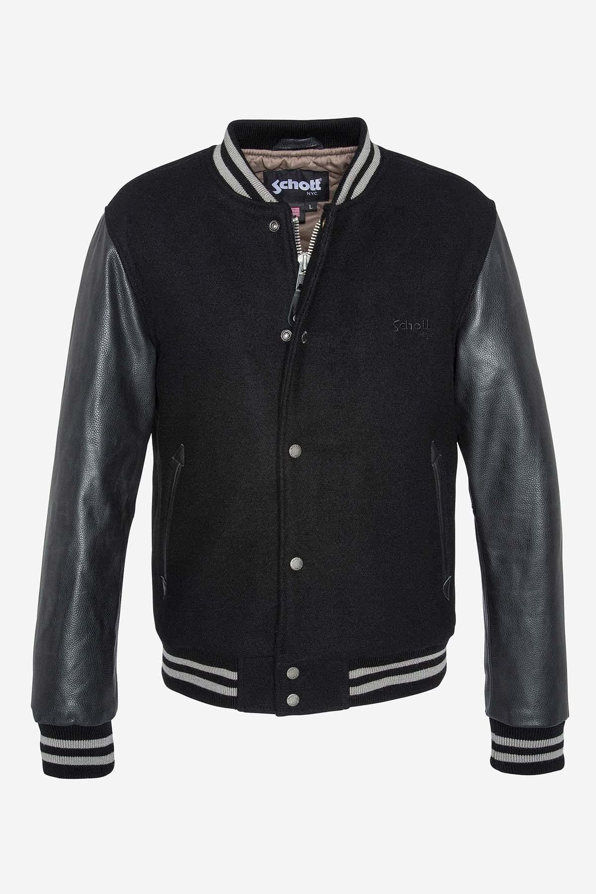 Schott's black varsity: wool body, cowhide sleeves, ribbed trims. - Image n°2