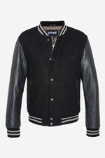 Schott's black varsity: wool body, cowhide sleeves, ribbed trims. - Image n°2