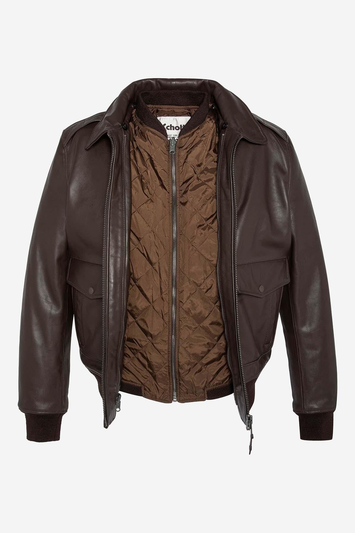Brown cowhide aviator jacket by Schott. Detachable shearling collar. - Image n°5
