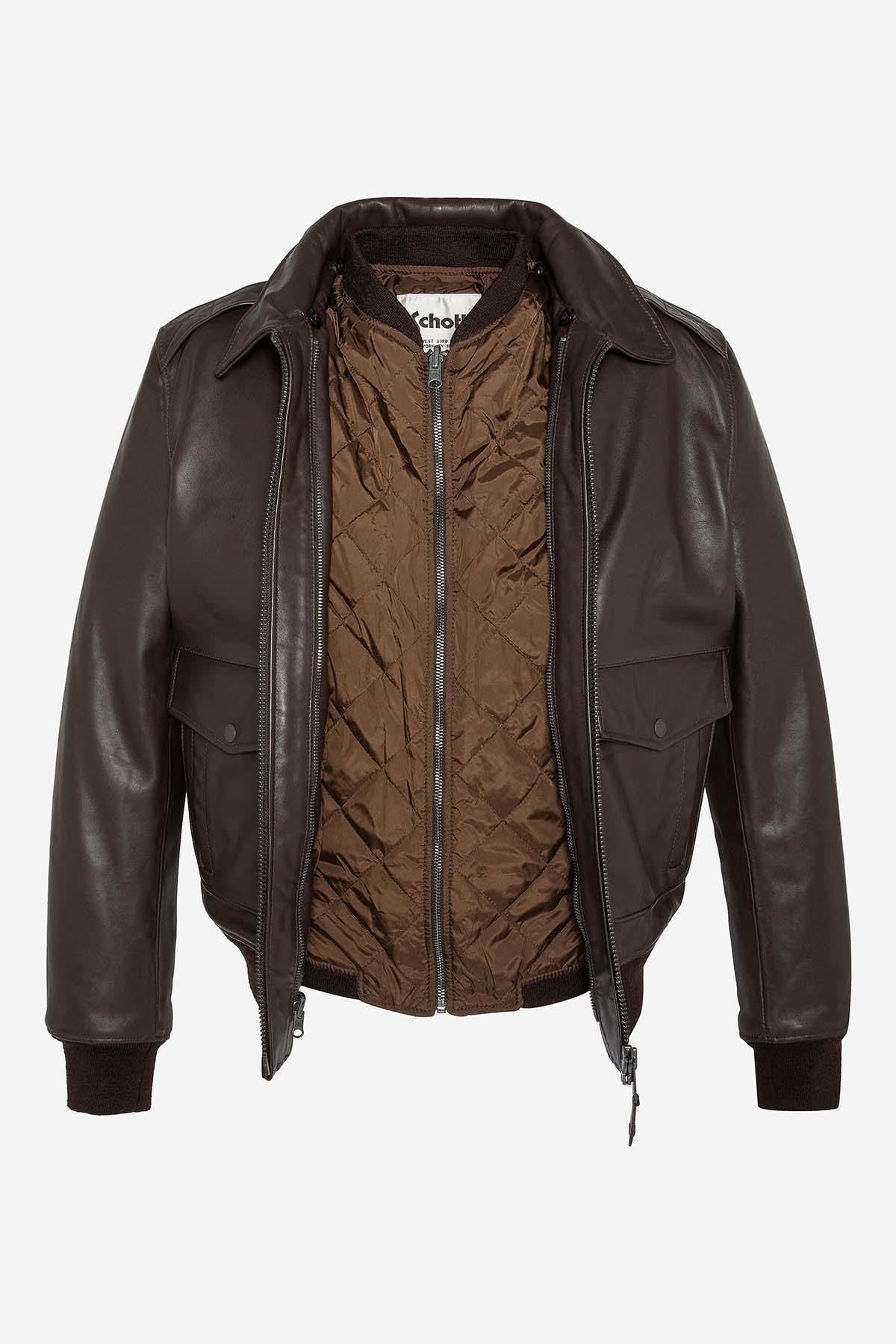 Brown cowhide aviator jacket by Schott. Detachable shearling collar. - Image n°5