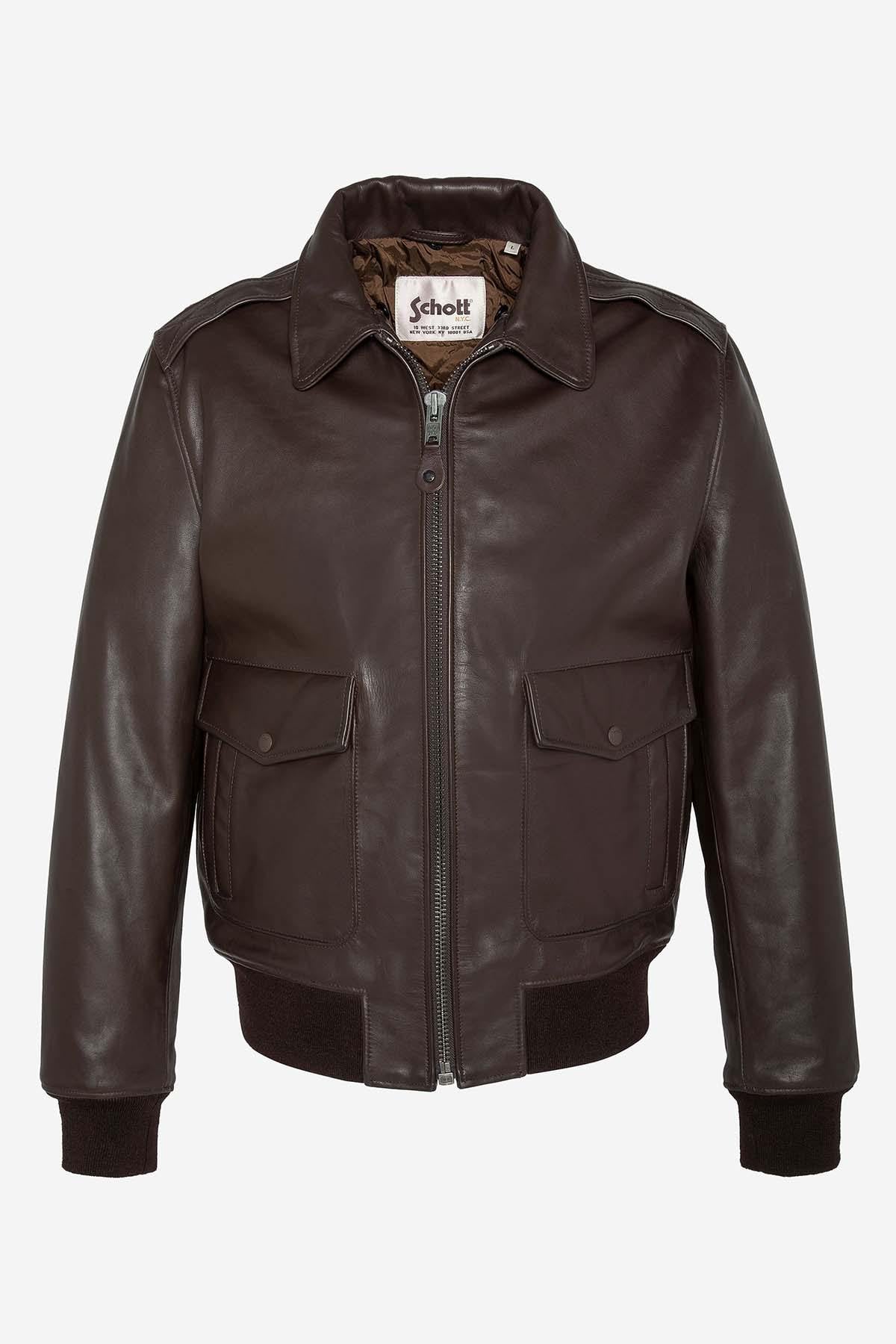 Brown cowhide aviator jacket by Schott. Detachable shearling collar. - Image n°6