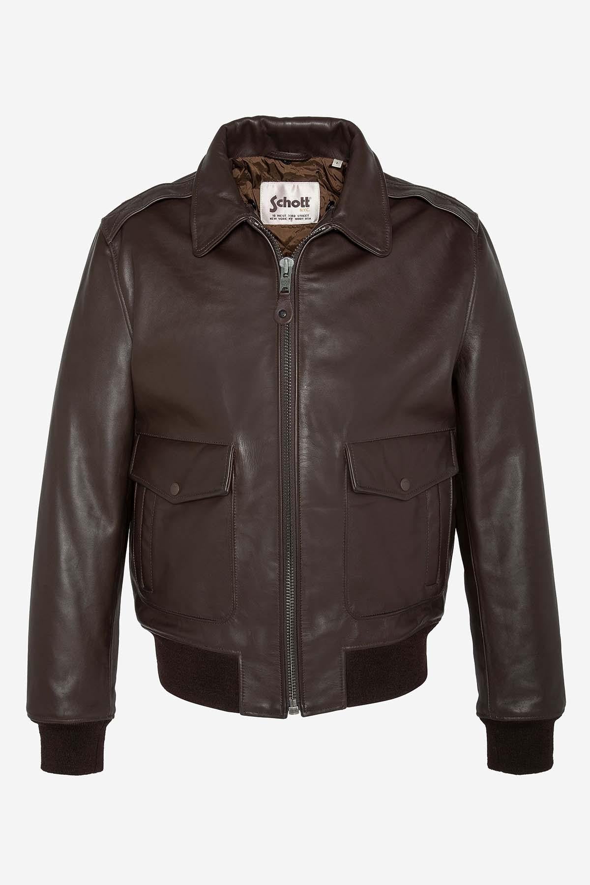 Brown cowhide aviator jacket by Schott. Detachable shearling collar. - Image n°6