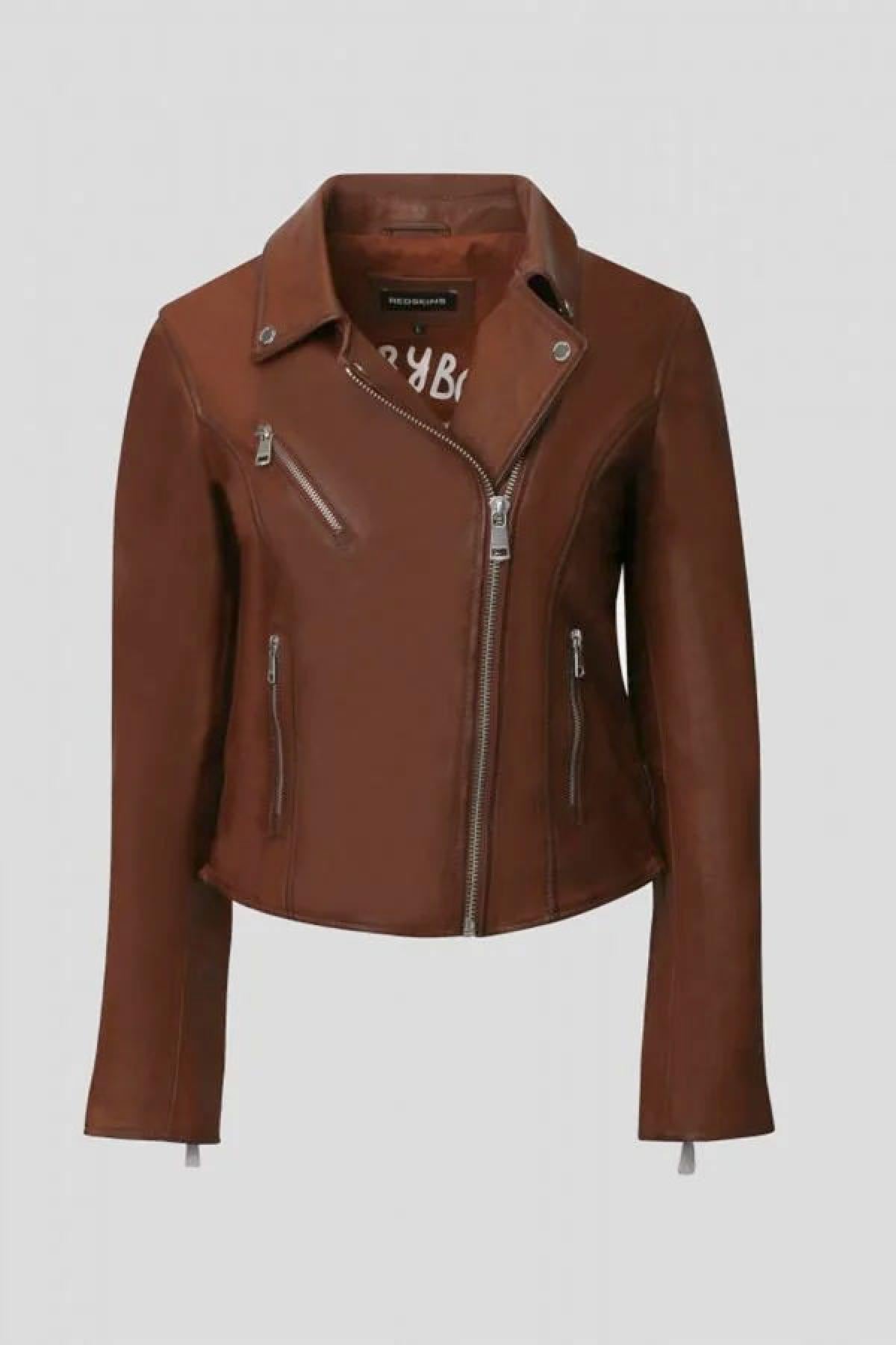 Slim-fit cognac sheepskin biker jacket, soft and lightweight. - Image n°11