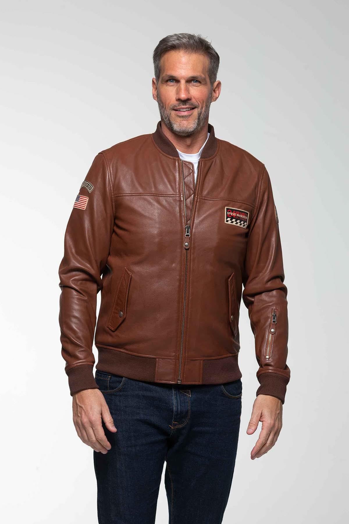 Steve McQueen's maroon lambskin jacket: racing patches, vintage fit. - Image n°1