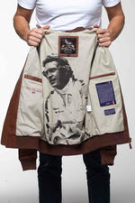 Steve McQueen's maroon lambskin jacket: racing patches, vintage fit. - Image n°2