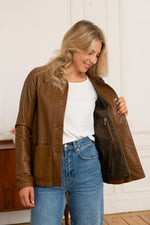 Women's brown leather jacket with shirt collar - Image n°3