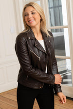 Dark brown lambskin biker jacket, vegetable-tanned, feminine cut. - Image n°1