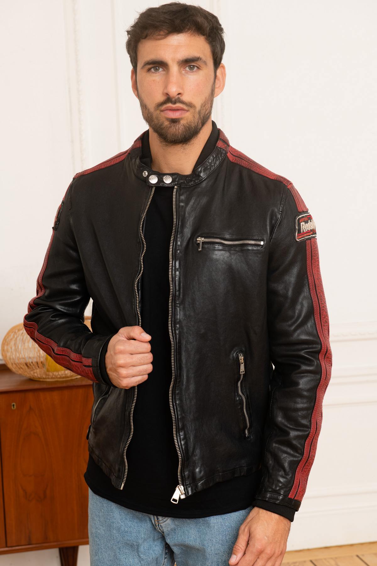 Slim lambskin jacket by Redskins. Moto collar and contrast stitching. - Image n°7