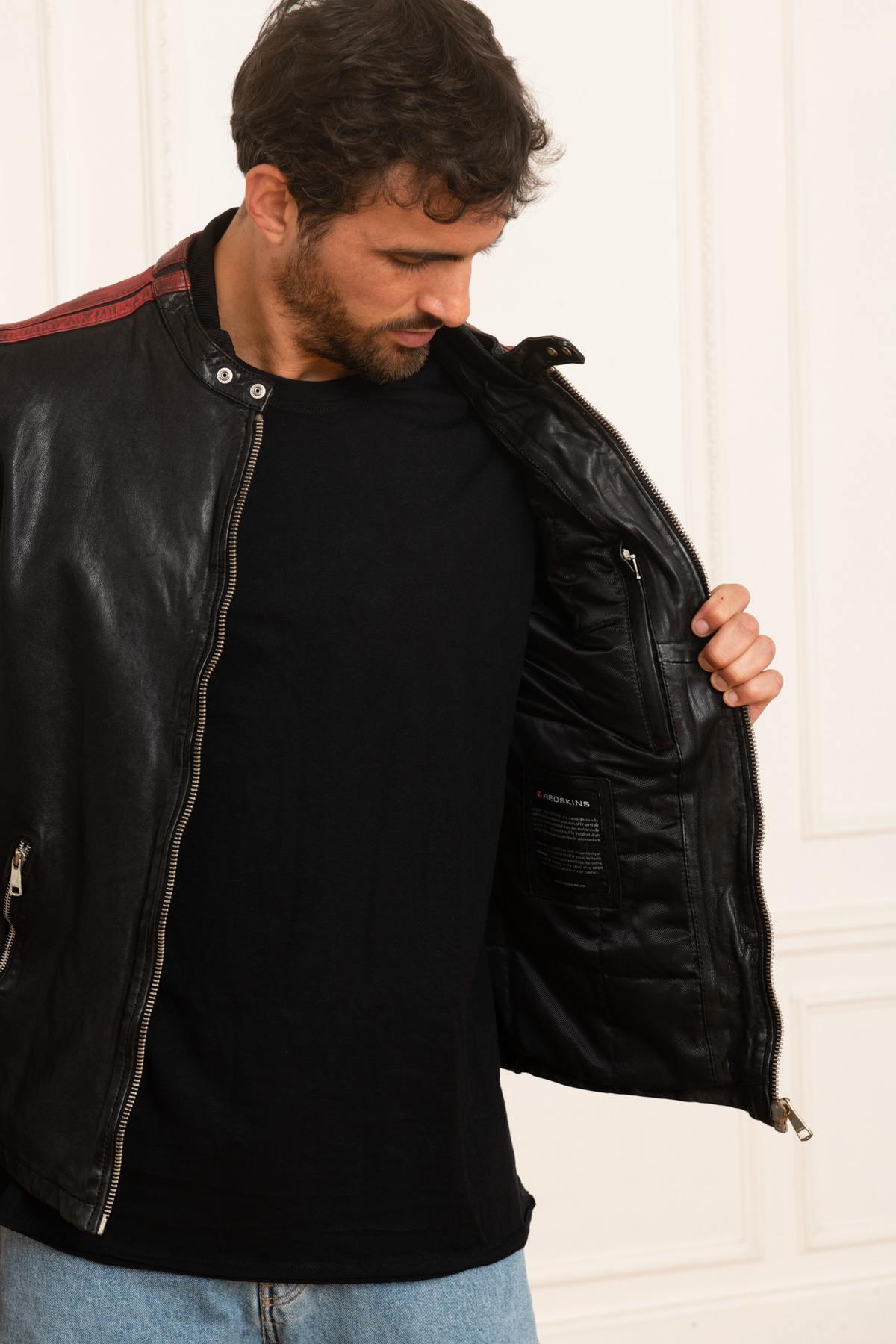 Slim lambskin jacket by Redskins. Moto collar and contrast stitching. - Image n°4