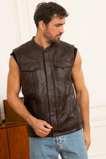 Brown goat leather vest: sleeveless, biker collar, snap buttons. - Image n°3