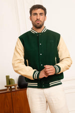 Schott's varsity jacket in green wool and beige vachetta leather. - Image n°4