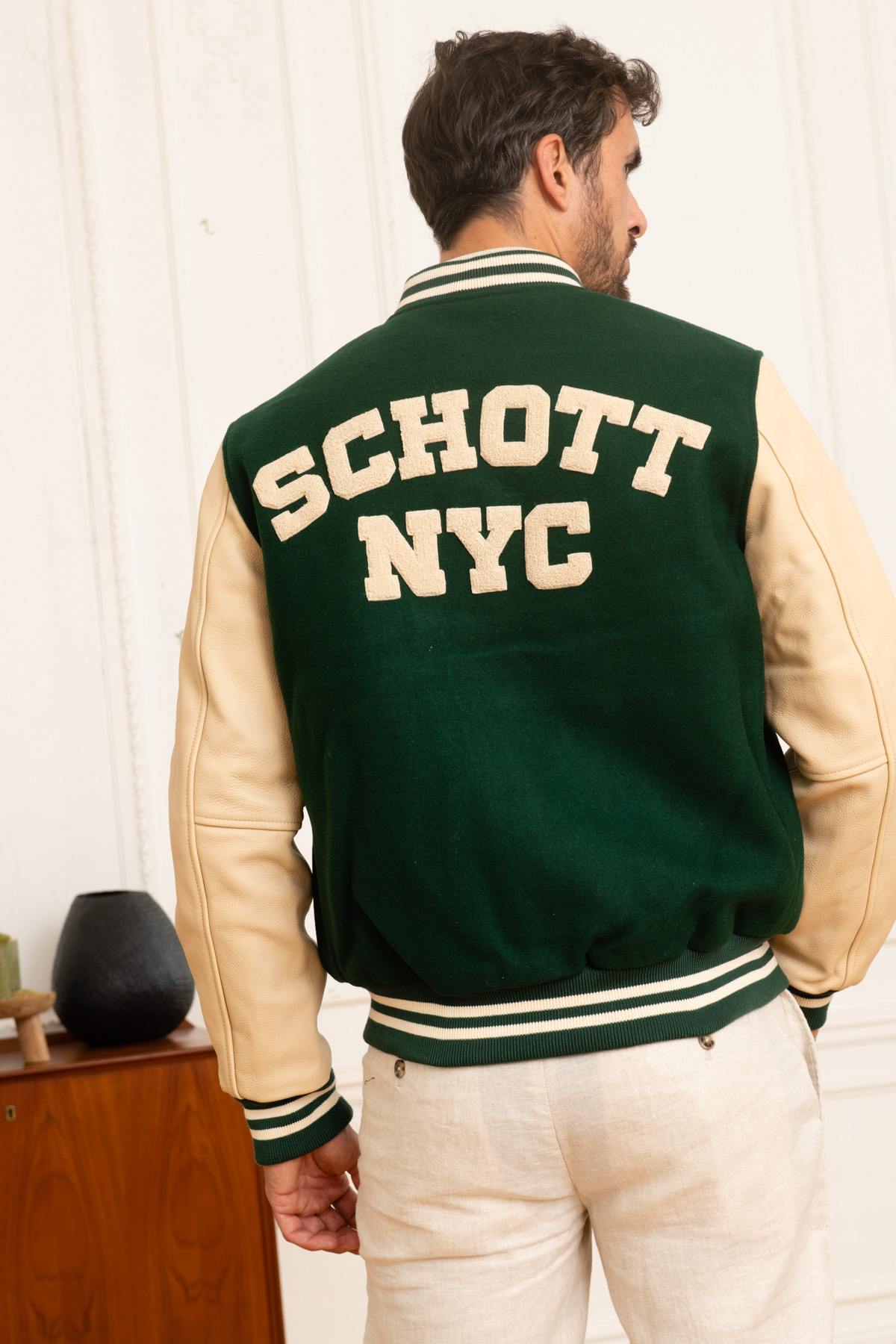 Schott's varsity jacket in green wool and beige vachetta leather. - Image n°2