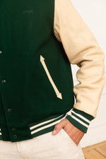 Schott's varsity jacket in green wool and beige vachetta leather. - Image n°7
