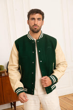 Schott's varsity jacket in green wool and beige vachetta leather. - Image n°6