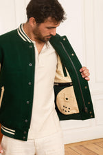 Schott's varsity jacket in green wool and beige vachetta leather. - Image n°5