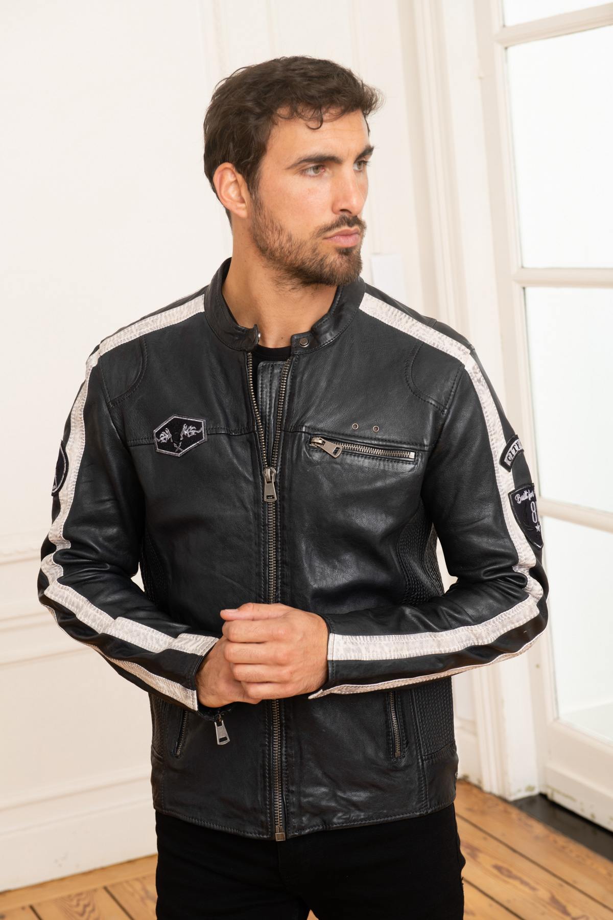 Blue Sheepskin Leather Jacket - Image n°1