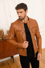 Cognac sheepskin jacket, skinny fit, moto-inspired and lightweight. - Image n°3