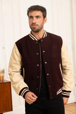 Schott NYC's varsity jacket: bordeaux leather sleeves meet beige wool. - Image n°4