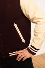 Schott NYC's varsity jacket: bordeaux leather sleeves meet beige wool. - Image n°7