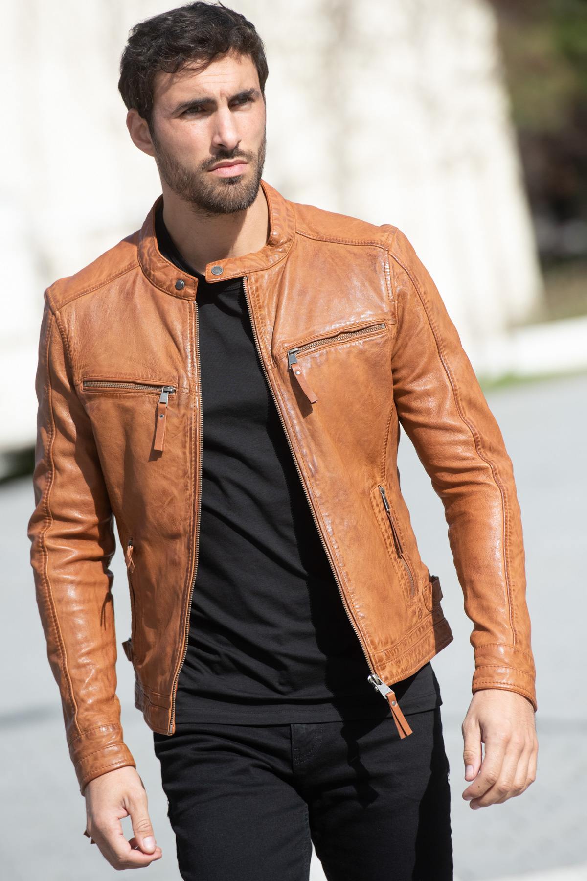 Cognac sheepskin jacket, skinny fit, moto-inspired and lightweight. - Image n°1