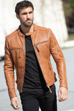 Cognac sheepskin jacket, skinny fit, moto-inspired and lightweight. - Image n°1