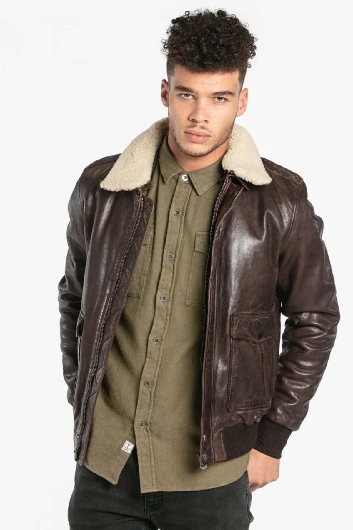 Petrol brown sheepskin jacket with removable fur collar and zip. - Image n°3
