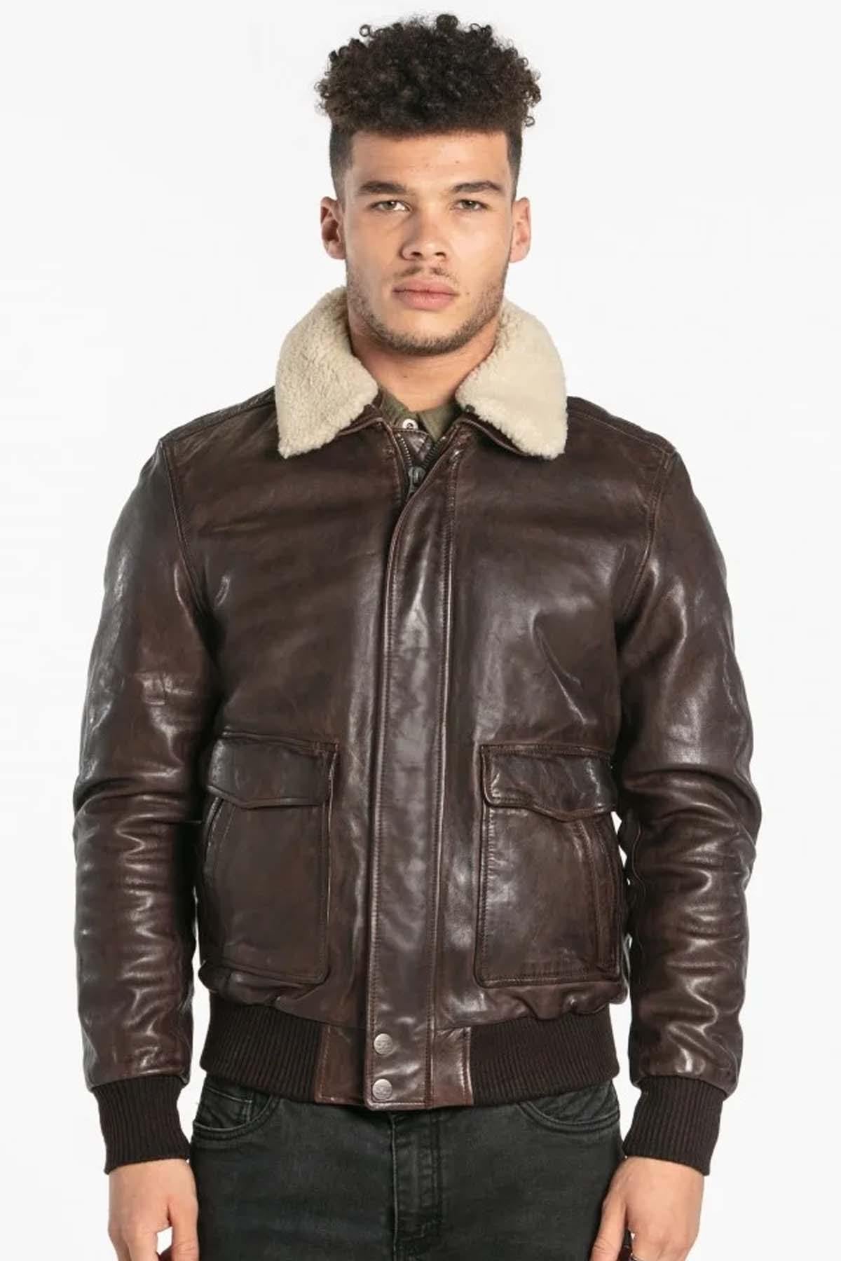 Petrol brown sheepskin jacket with removable fur collar and zip. - Image n°1
