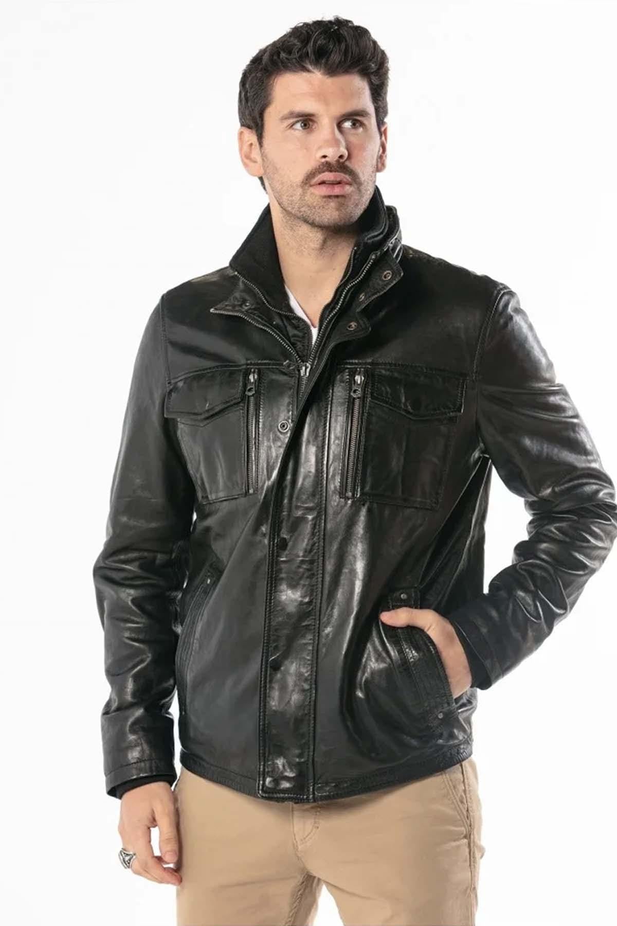 Black lambskin jacket with vintage moto details, sleek and road-ready. - Image n°5