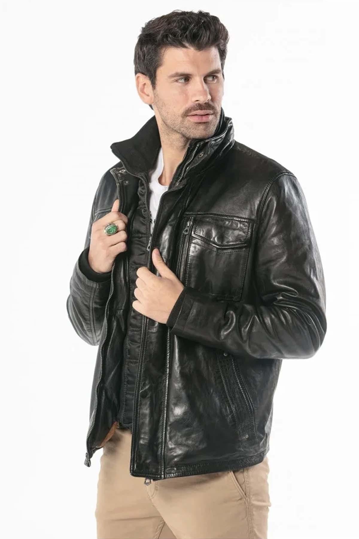 Black lambskin jacket with vintage moto details, sleek and road-ready. - Image n°2