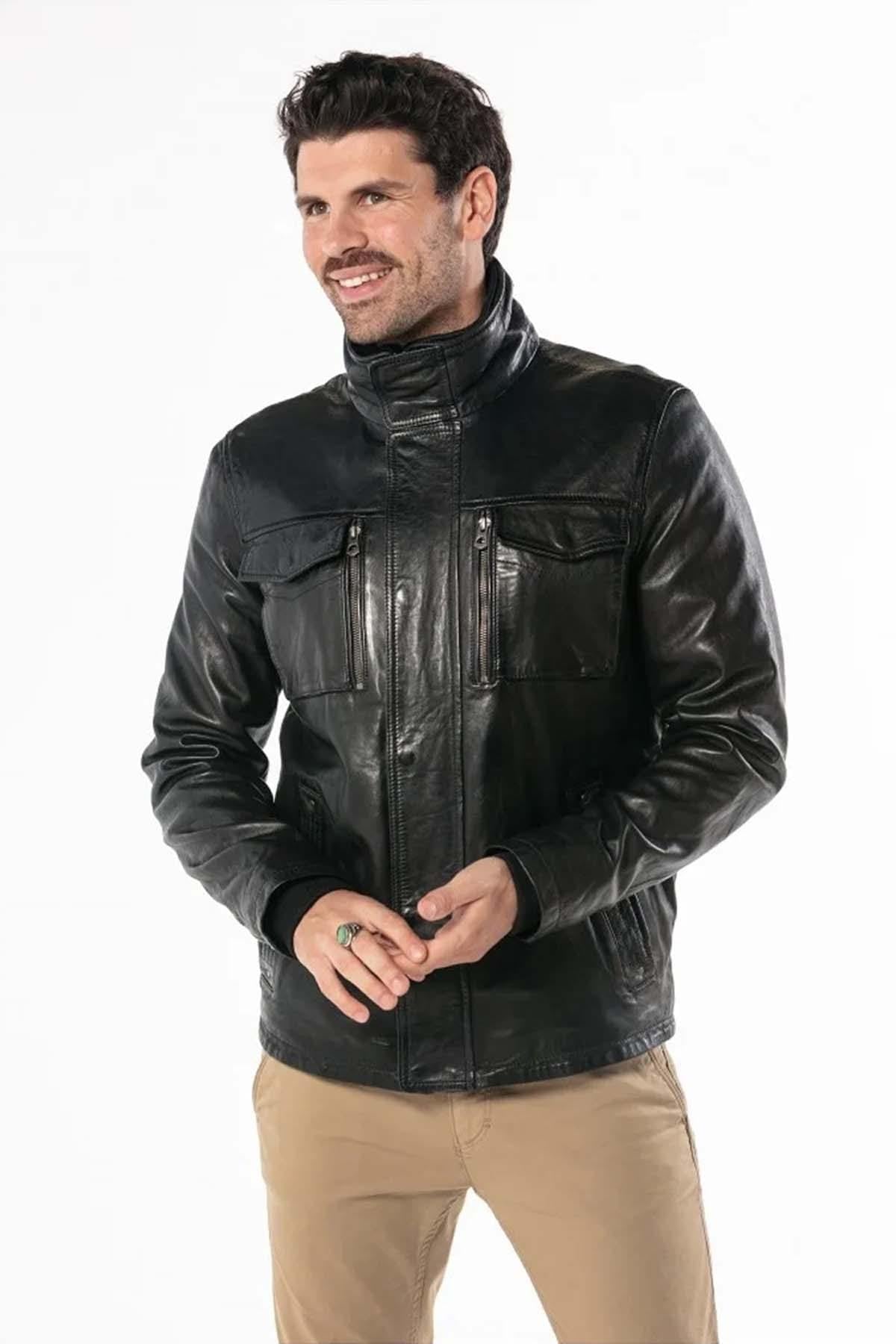 Black lambskin jacket with vintage moto details, sleek and road-ready. - Image n°1