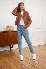Women's lambskin Perfecto by Schott, LCW8614 in Cognac, slim fit. - Image n°2