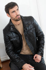 Black lambskin jacket, straight cut, zip closure, adjustable collar. - Image n°1