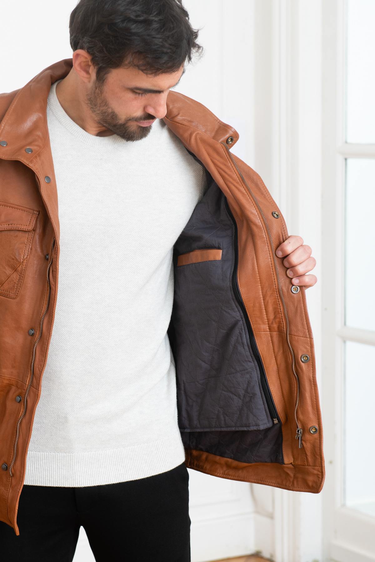 Cognac Mid-Length Leather Jacket - Image n°5