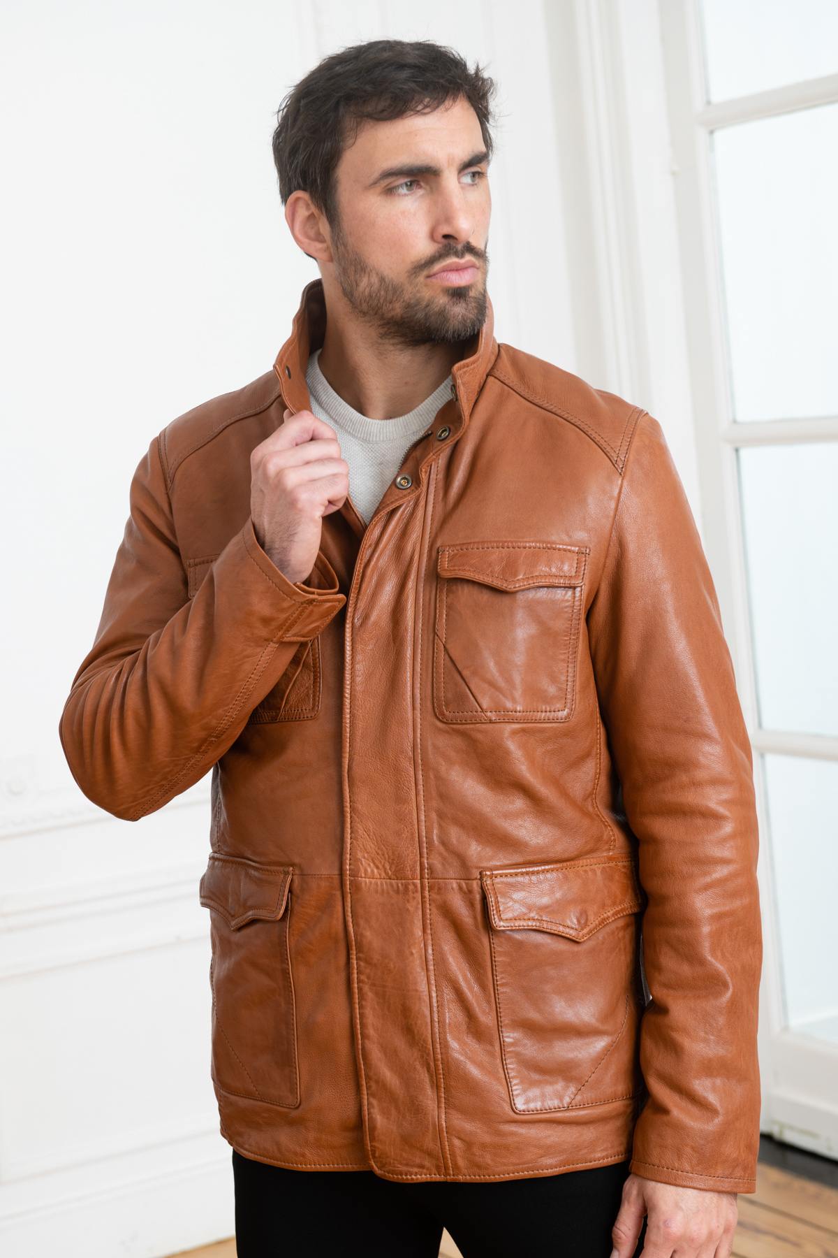 Cognac Mid-Length Leather Jacket - Image n°3